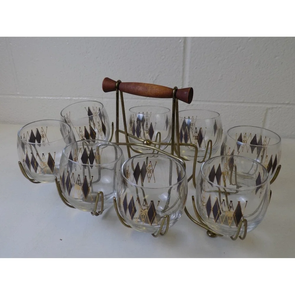 Federal Glass Harlequin Roly Poly Glasses Caddy Set MCM Atomic Barware 9 Pc